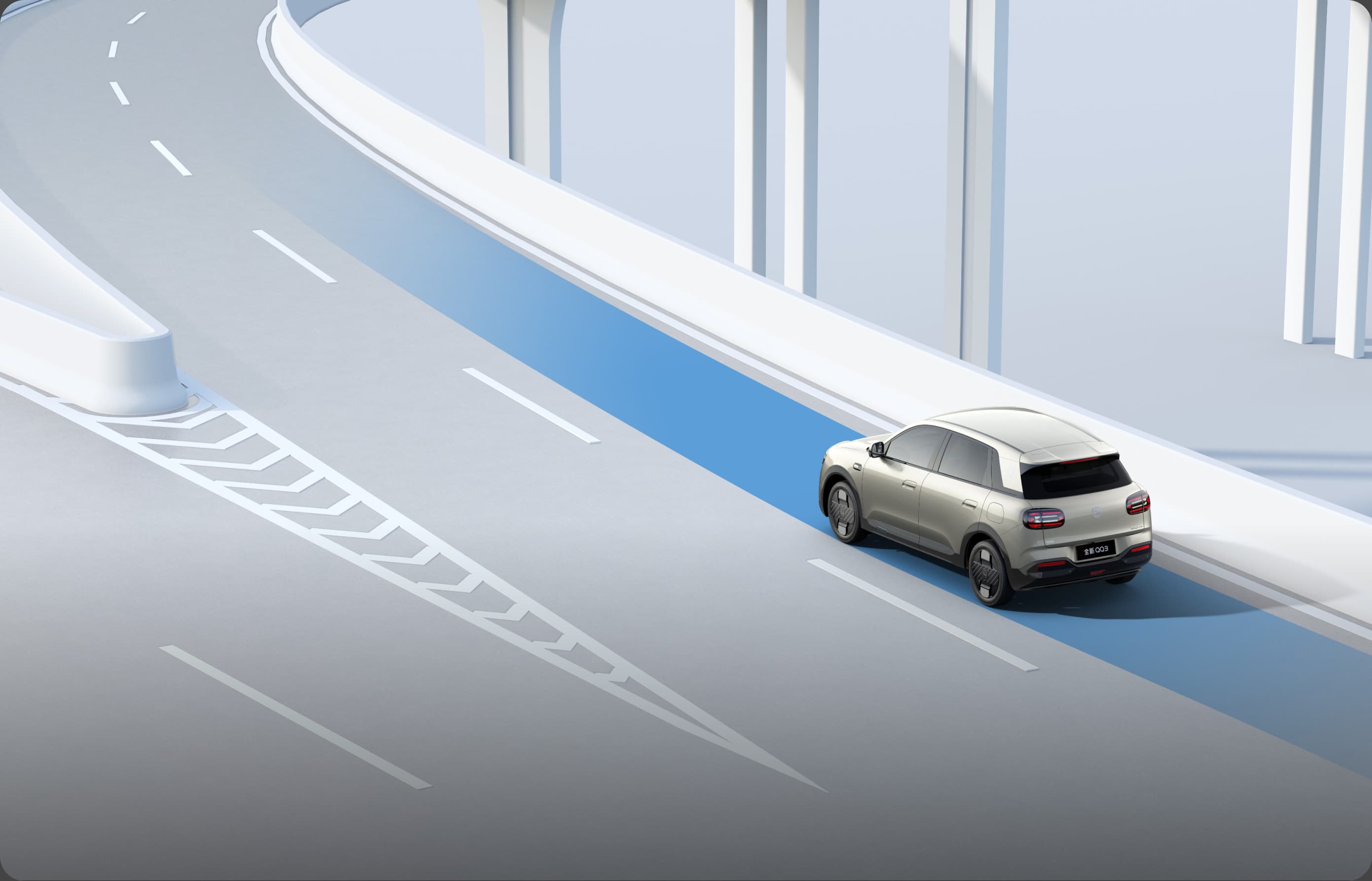 Chery Q on a highway with a lane-keeping ADAS overlay