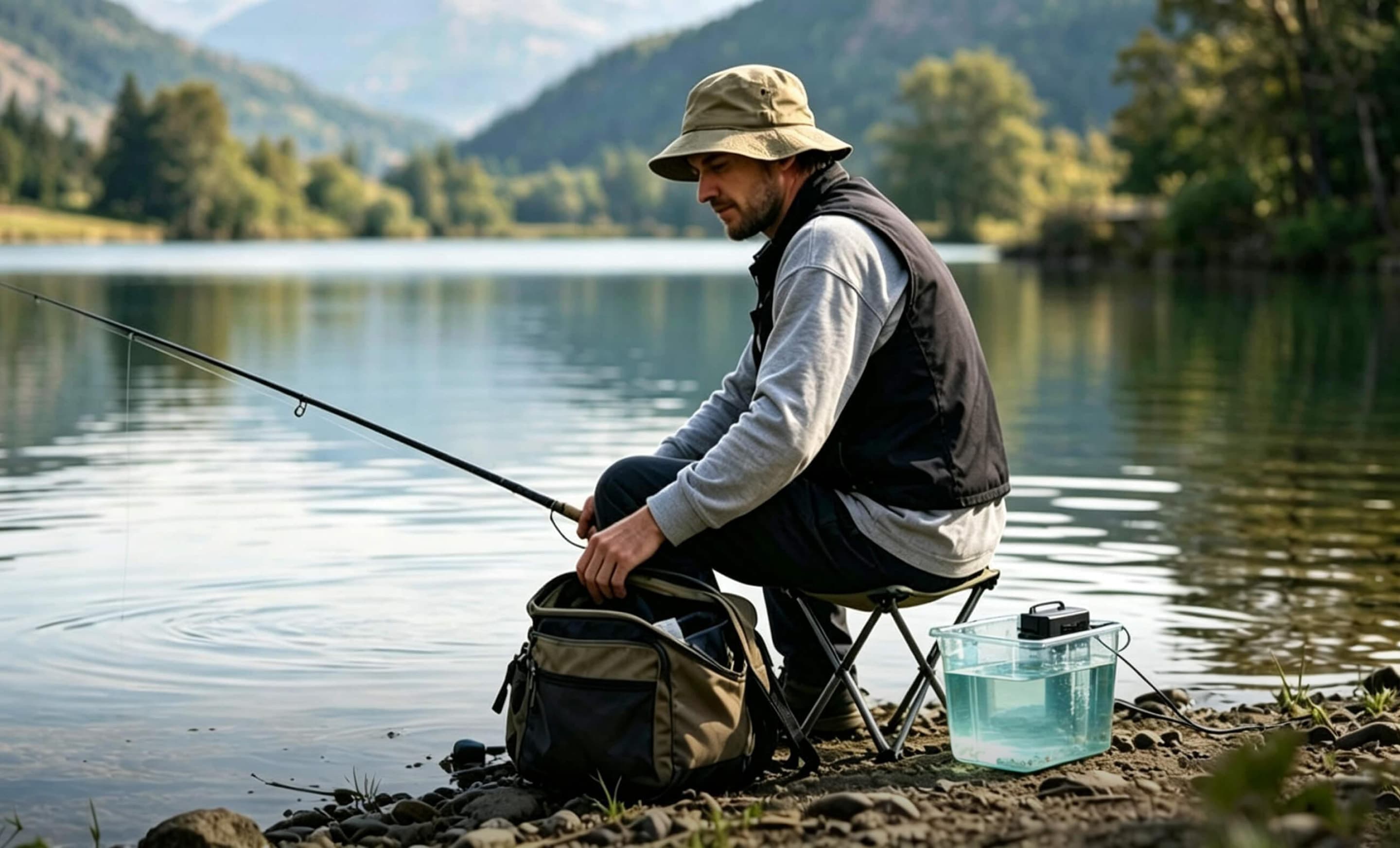 Man fishing beside a lake with a portable aerator