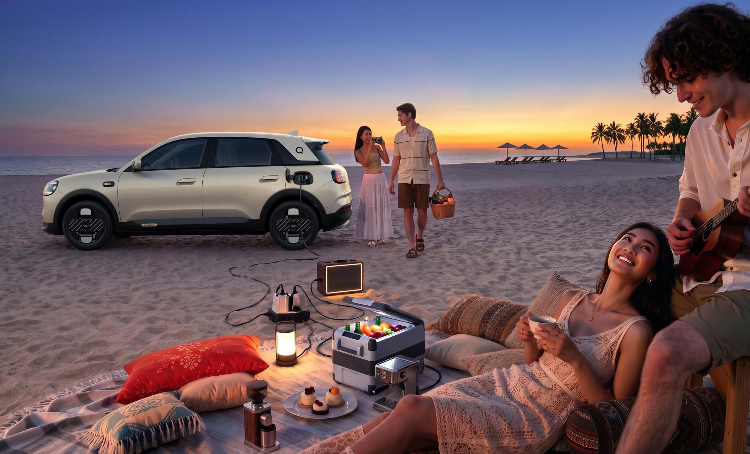Chery Q powering a beach picnic and electric cooking gear