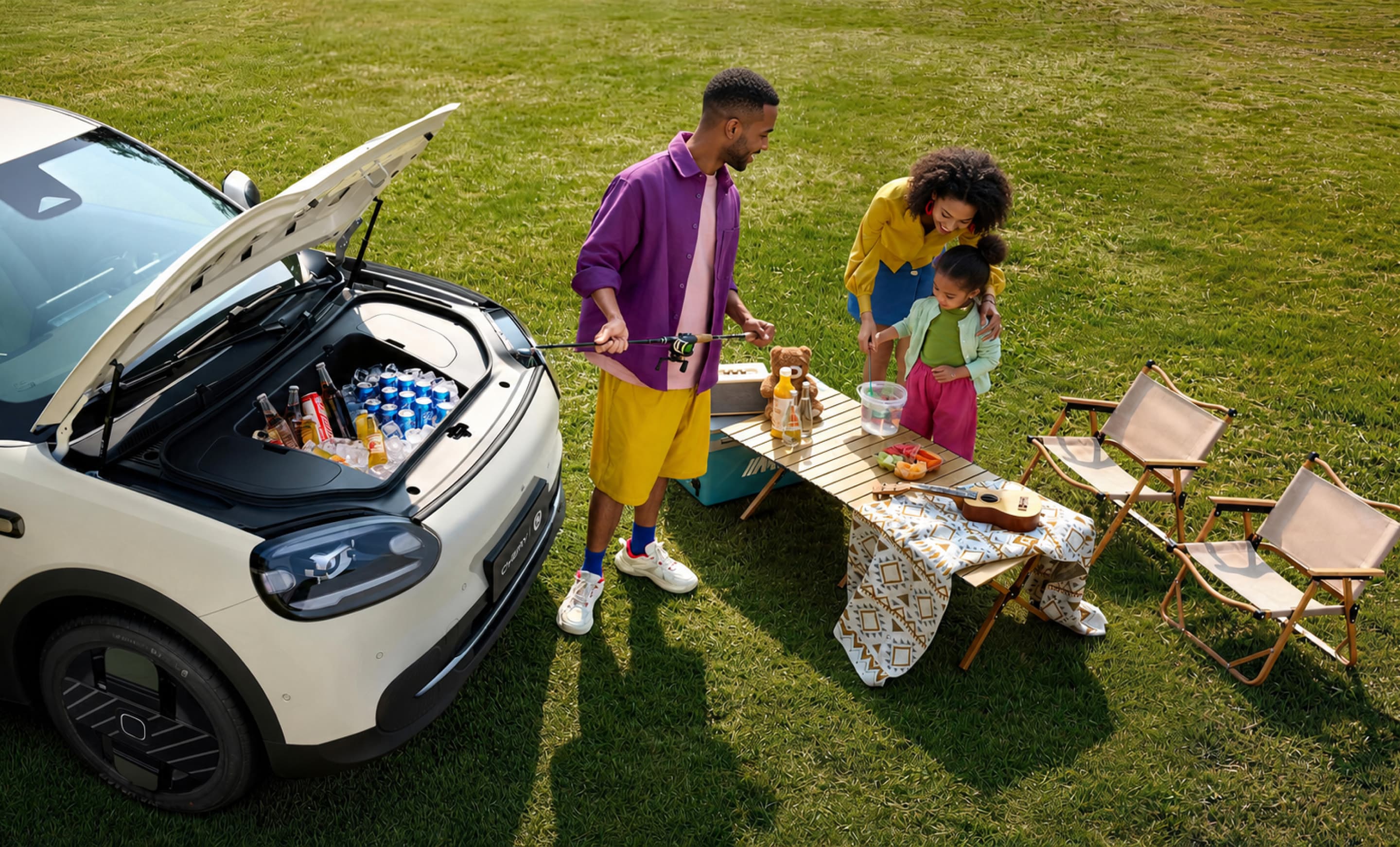 Open Chery Q front trunk used as a cooler at a picnic