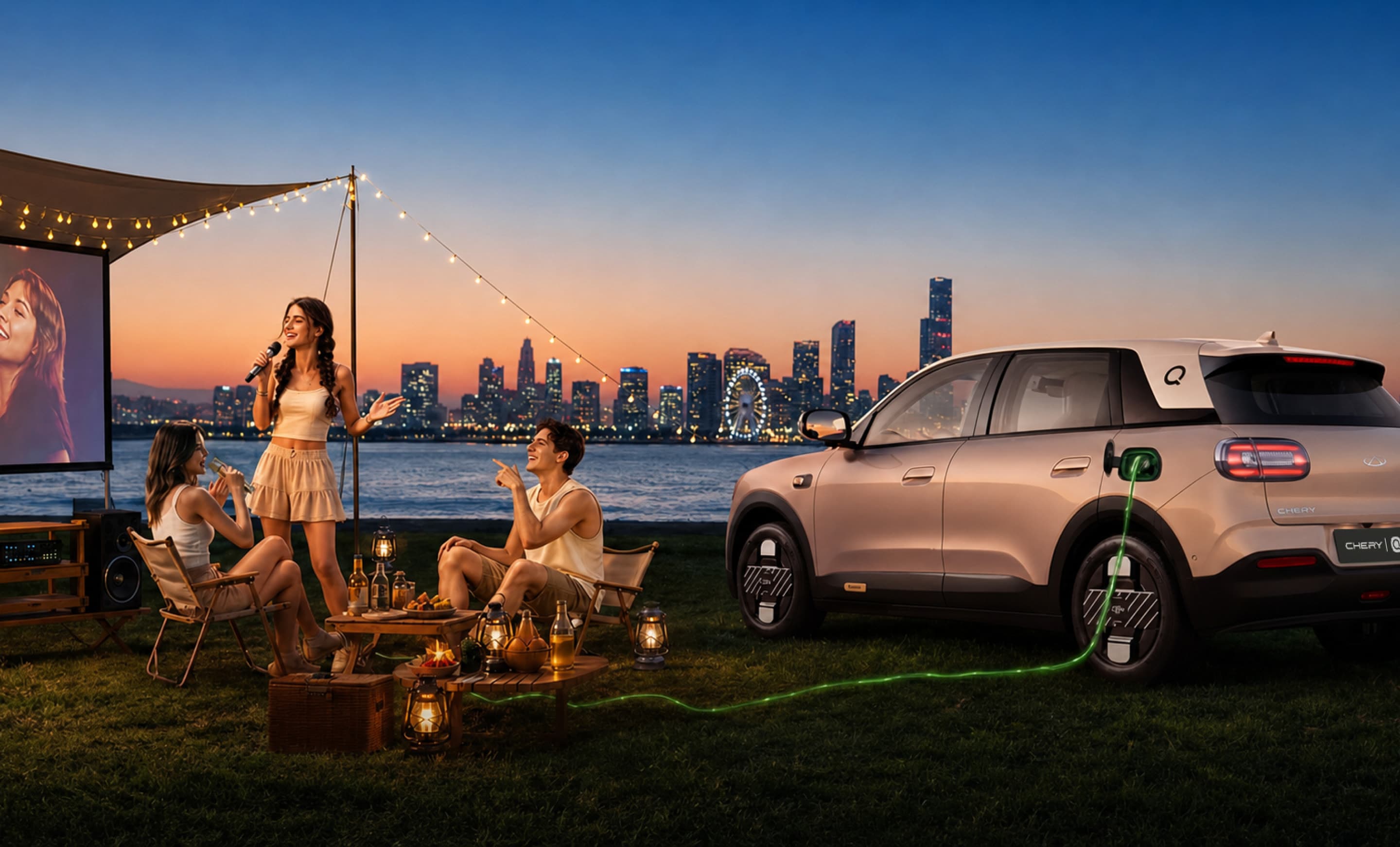 Chery Q powering an outdoor karaoke and cinema setup