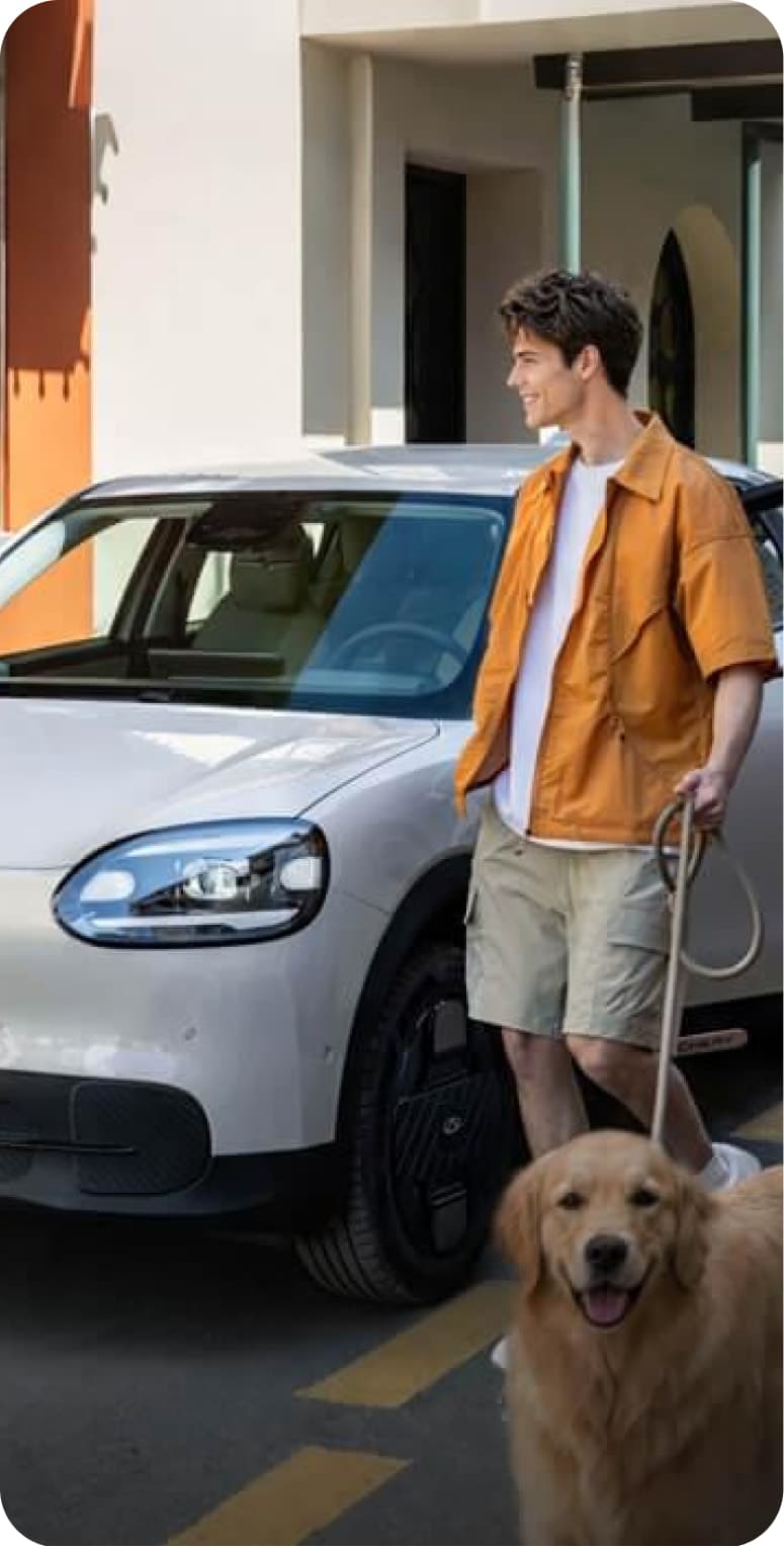 Walking a dog beside a Chery Q