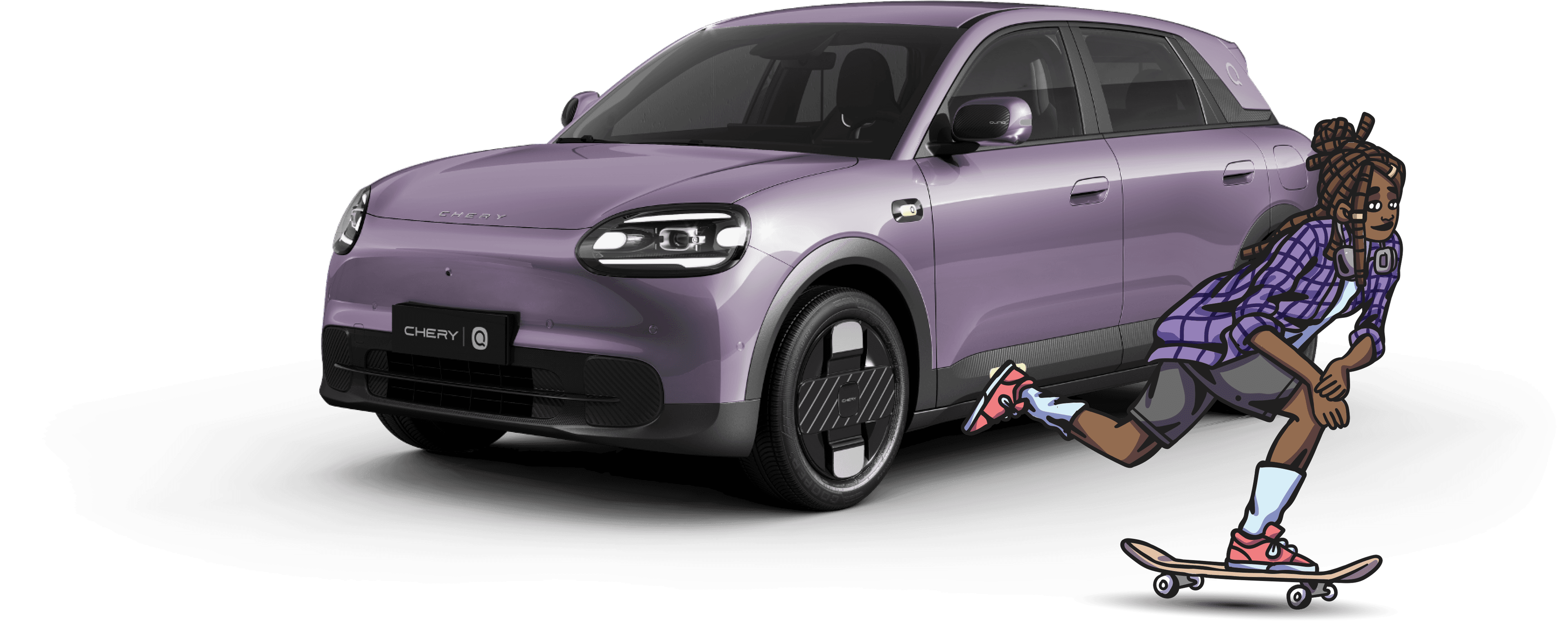 Lavender Chery Q with a skateboarder in the foreground
